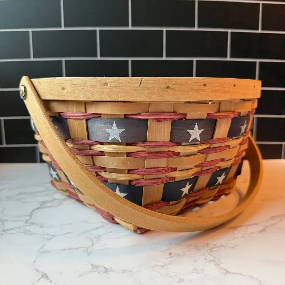 Vtg Woven Wood Basket Square Storage Americana Red Patriotic